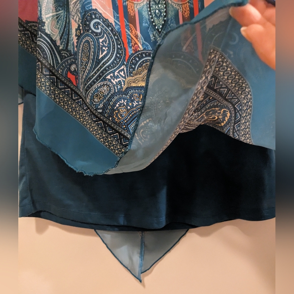 B.L.E.U. Teal Chiffon Scarf Handkerchief Overlay Paisley Print Tank Top sz L - Picture 2 of 11